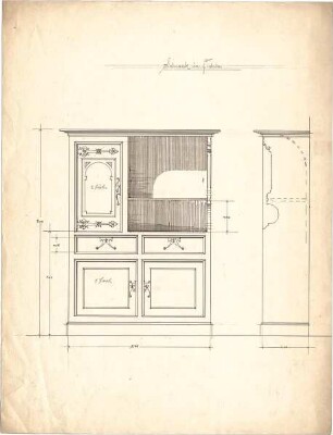 Littmann, Max; Sammlung Littmann: Möbel - Schrank in Fichte (Ansicht, Schnitt)