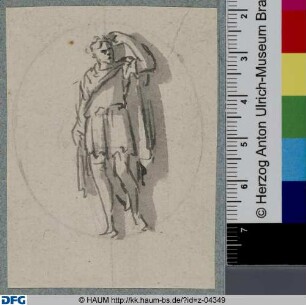 Stehende männliche Figur, den linken Arm zum Kopf geführt