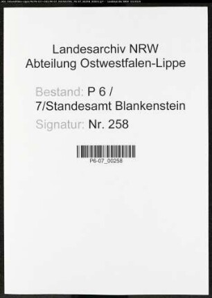 Sterberegister Standesamt Blankenstein/Ruhr