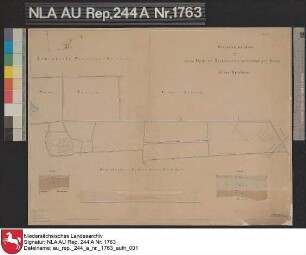Plan von einem Teil der Ländereien des herrschaftlichen Platzes Groß Burhafe in der Nähe von UTHWERDUM Kolorierte Zeichnung von Steffen Papier auf Leinen Format 47,6x35,6 M 1:1.870
