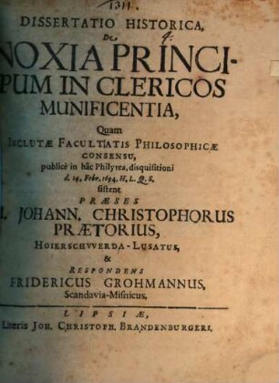 Diss. hist. de noxia principum in clericos munificentia