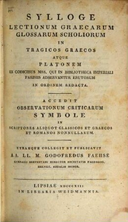 Sylloge lectionum graecarum in tragicos Graecos et Platonem