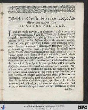 Dilectis in Christo Fratribus, atque Auditoribus nuper suis Donatus Salutem.