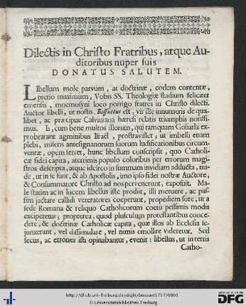 Dilectis in Christo Fratribus, atque Auditoribus nuper suis Donatus Salutem.