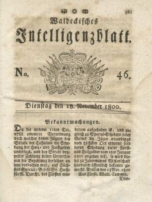 No. 46, Dienstag den 18. November 1800