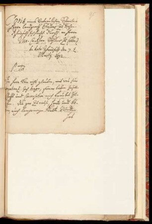 COPIA eines vertraulichen Schreibens Herrn Landgraff Ernstens zu Hessen-Rheinfels hochfürstl. durchl. an herrn Vice-Cantzler Sohler zu Coblenz. De dato Rheinfels den 7. Martii 1692