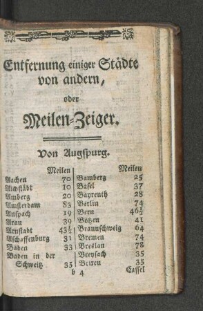 Entfernung einiger Städte von andern, oder Meilen - Zeiger.