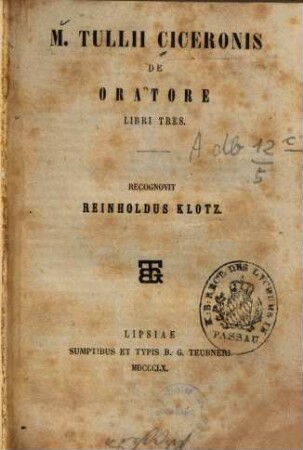 M. Tullii Ciceronis de oratore libri tres