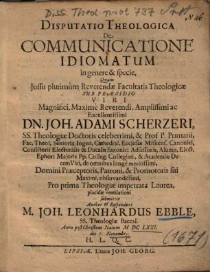 Disputatio Theologica De Communicatione Idiomatum in genere & specie