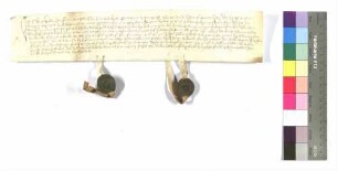 Heiligenkreuztag; Claus Wyler, Bürger zu Öhringen (Orengew), bekennt seine Leibeigenschaft gegenüber Albrecht's von Hohenlohe; Siegel: Hans und Engelhart von Hohenlohe.