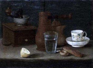 Stilleben mit Geschirr und Kaffeemühle