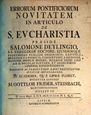 Errorum pontificiorum novitatem in articulo de S. Eucharistia, Diss. III.