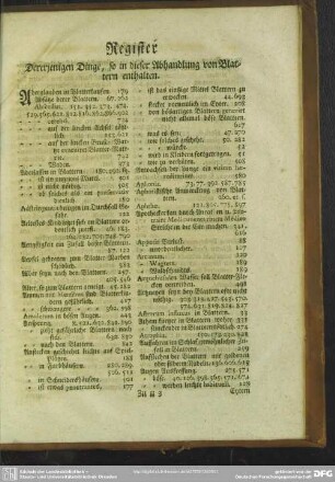 Register Dererjenigen Dinge, so in dieser Abhandlung von Blattern enthalten