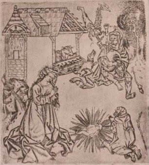 Anbetung mit Dudelsackpfeifer : Meister der Liebesgärten (niederrheinisch/niederdeutsch, um 1440/1450): Anbetung mit Dudelsackpfeifer. Kupferstich 15.Jh. Dresden: Kupferstich-Kabinett