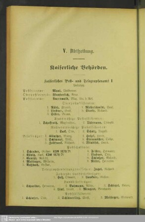 V. Abtheilung. Behördenverzeichnis : V. Abtheilung. Kaiserliche Behörden