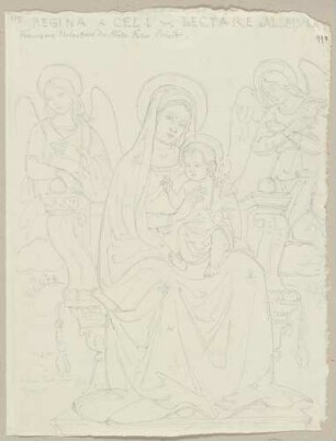 Thronende Maria mit dem Jesuskind, flankiert von zwei Engeln, nach einer Wandmalerei von Francesco Melanzio in einer Bruderschaftskirche in Montefalco