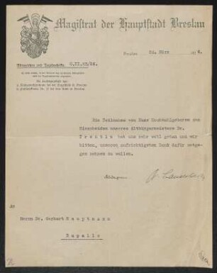 Brief von Magistrat der Haupt- und Residenzstadt Breslau an Gerhart Hauptmann
