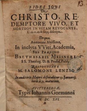 Fides Jobi De Christo, Redemptore Vivo, Et Mortuos In Vitam Revocante, C. 19. v. 25. & seqq. descripta