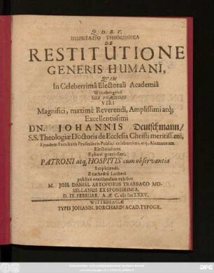 Disputatio Theologica De Restitutione Generis Humani