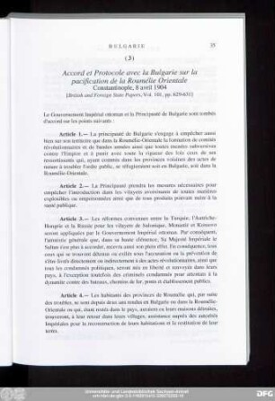 (3) Accord et Protocole avec la Bulgarie sur la pacification de la Roumélie Orientale Constantinople, 8 avril 1904