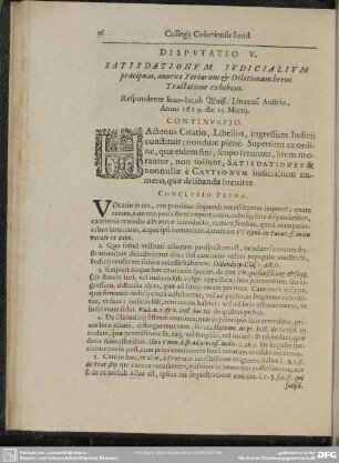 Disputatio V. Satisdationum Iudicialum praecipuas, annexa Feriarum & Dilationum brevi Tractatione exhibens