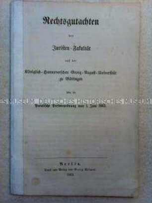 Rechtsgutachten der juristischen Fakultät der Universität Göttingen über das Preußische Pressegesetz von 1863