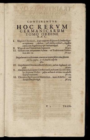 Continentur Hoc Rerum Germanicarum Tomo Ordine Hæc.