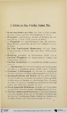 I. Arbeiten aus Glas, Porzellan, Fayence, Thon (Nr. 1-112)