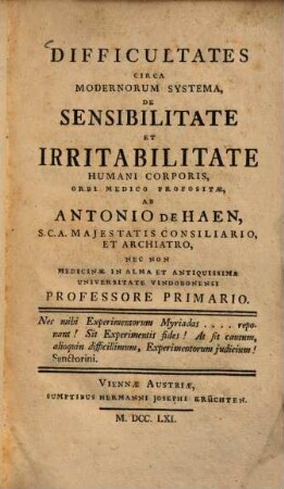Difficultates circa modernorum systema de sensibilitate et irrationabilitate humani corporis