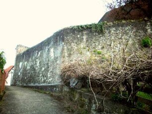 Ansicht von Südosten mit Kirchhofmauer über Südflanke von Ortsseite mit Werksteinen im Mauersteinverband (Wehrgang mit Steinbrüstung im 18 Jh abgetragen)