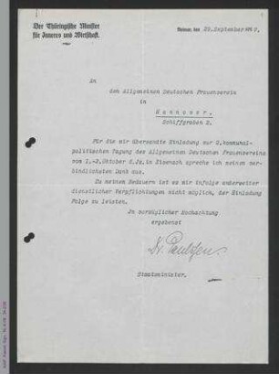Brief des Thüringischen Ministers für Inneres und Wirtschaft