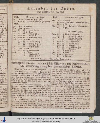 Astrologische Practica, muthmaßliche Witterung und Landwirthschaftliche Verrichtungen nach dem hundertjährigen Kalender.