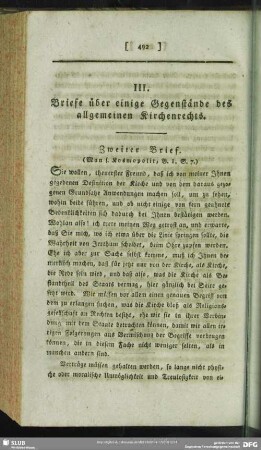 III. Briefe über einige Gegenstände des allgemeinen Kirchenrechts. Zweiter Brief. (Man s. Kosmopolit, B. 1, S. 7.)