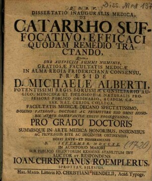 Dissertatio Inauguralis Medica, De Catarrho Suffocativo, Efficaci Quodam Remedio Tractando