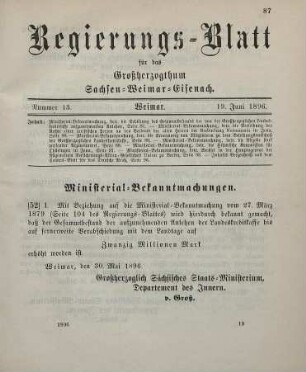 52. Ministerial-Bekanntmachung, betreffend die Erhöhnung des Gesammtbestandes der von der Großherzoglichen Landeskreditkasse aufzunehmenden Anlehen