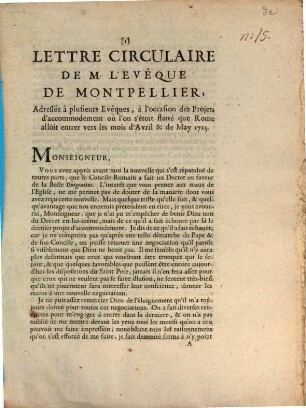 Lettre Circulaire de M. L'Evêque de Montpellier : addressée à plusieurs Evêques