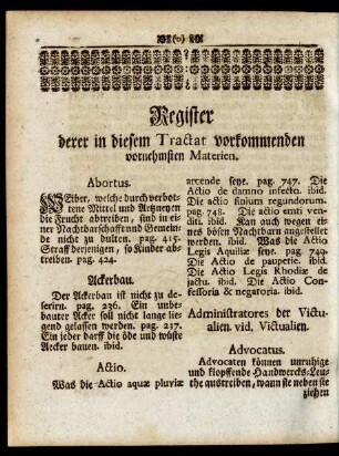 Register derer in diesem Tractat vorkommenden vornehmsten Materien