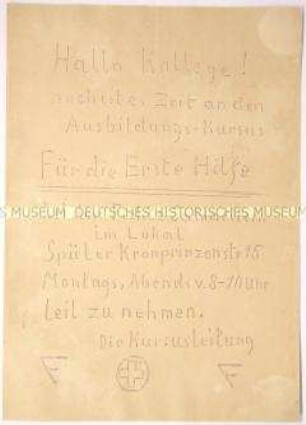 Handschriftliches hektographiertes Einladung zur Teilnahme an einem Ersten Hilfe-Kurs bei den Fichte-Samaritern