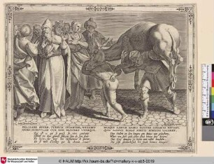 [Vater und Sohn tragen den Esel; Father and son carry the donkey]