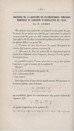 Solution de la question de mathématiques spéciales proposée au concours d'agrégation de 1878.