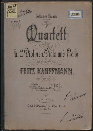 Quartett (in G dur) für 2 Violinen, Viola und Cello : op. 14