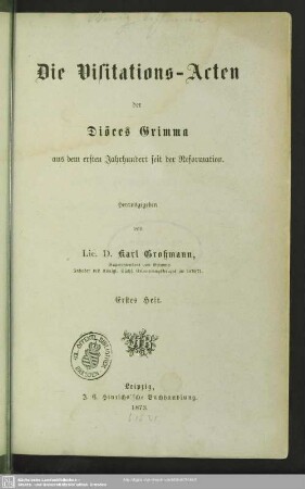1: Die Visitations-Acten der Diöces Grimma aus dem ersten Jahrhundert seit der Reformation