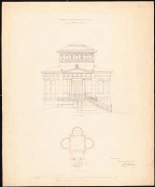 Mausoleum für S. Woller, Bunzlau: Grundriss 1:100; Aufriss Vorderansicht 1:50, Maßstabsleiste