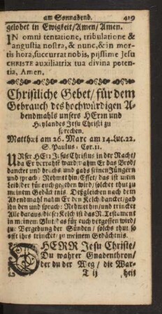 Christliche Gebet/ für dem Gebrauch des Hochwürdigen Abendmahls unsers Herrn ...