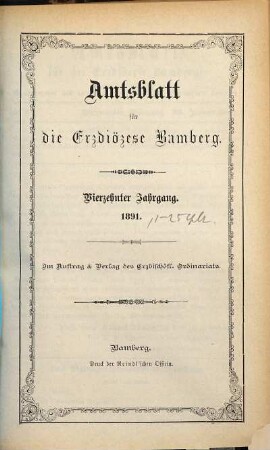 Amtsblatt für die Erzdiözese Bamberg : Amtsbl. des Erzbischöflichen Ordinariats Bamberg. 14. 1891