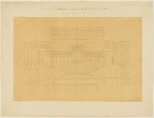 Entwurf für das provisorische Richard-Wagner-Festspieltheater im Glaspalast, München (Projekt A). Grundriss des Zuschauerraumes. Querschnitt