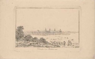 Stadtansicht von Dresden, Blick von Räcknitz bei Dresden nach Norden über Felder auf die Altstadt, im Vordergrund Staffagefiguren mit Kuhherde