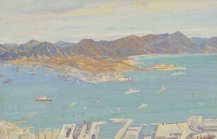 Panorama von Hongkong-Hill auf den Hafenplatz Kaulun (China). Von Westen nach Osten