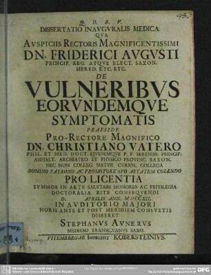Dissertatio Inauguralis Medica Qua Auspiciis Rectoris Magnificentissimi Dn. Friderici Augusti ... De Vulneribus Eorundemque Symptomatis