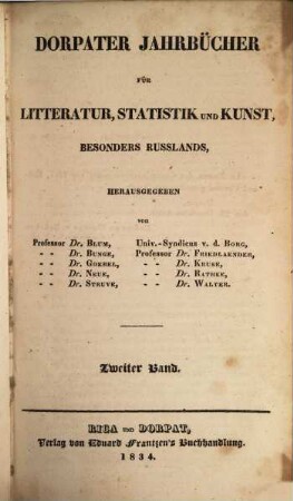 Dorpater Jahrbücher für Litteratur, Statistik und Kunst, besonders Rußlands. 2. 1834